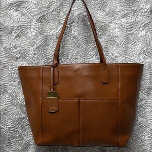 Lauren Ralph Lauren Cognac Leather Tote with Front Pocket and Tag